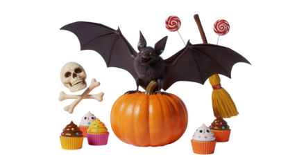 Spooky Halloween bat perched on pumpkin surrounded by festive treats like cupcakes, lollipops, and a skull with crossbones, perfect for holiday celebrations.