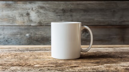 Fototapeta premium White coffee mug on weathered wooden table. Commercial mockup template