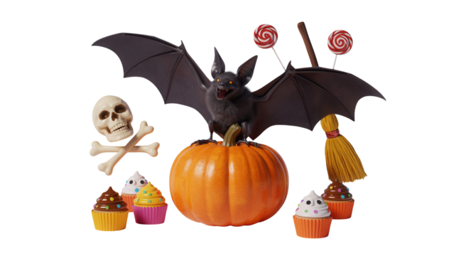 Spooky Halloween bat perched on pumpkin surrounded by festive treats like cupcakes, lollipops, and a skull with crossbones, perfect for holiday celebrations.