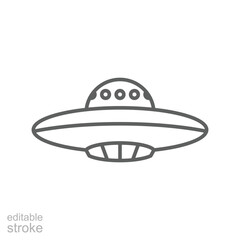 UFO Flying Saucer icon. Simple outline style. Ship, outerspace, spaceship, mystery, technology, space, galaxy, fantasy, dish, alien concept. Thin line symbol. Isolated design editable stroke.