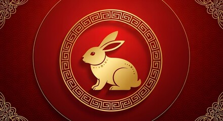 Golden rabbit in a circle on a red background, the symbol of the chinese new year 2023, a festive concept for the holiday, oriental style, decorative elements