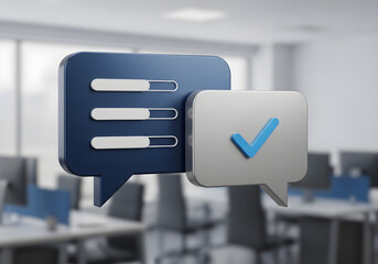 3D rendered image of two speech bubbles, one showing progress bars and the other a checkmark, set against a blurred modern office background, symbolizing communication and task completion.