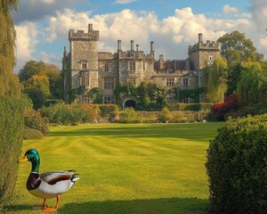 Historic stone castle surrounded by lush greenery and colorful bushes with a mallard duck standing on the expansive green lawn under a bright sky with fluffy clouds