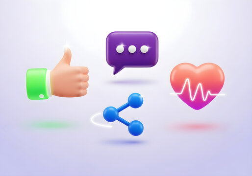 A collection of 3D social media icons representing user engagement: like, comment, share, and a heart with a heartbeat line.