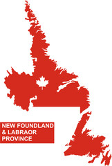 Solid map of Newfoundland and Labrador Province of Canada with white outline and red solid color with maple leaf