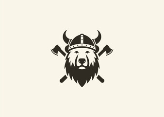 A simple minimalist silhouette logo of a bear wearing a Viking helmet, symbolizing courage, bravery, protection, and power