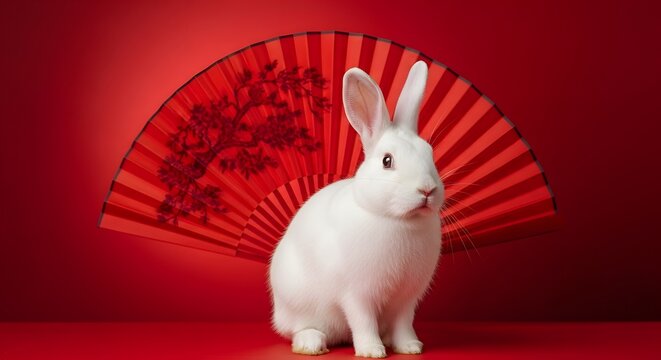 A fluffy white rabbit sits gracefully in front of a vibrant red fan, embodying the spirit of the chinese new year and symbolizing good fortune and prosperity