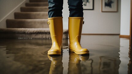person standing in a flooded room wearing yellow boots, water covering the floor | disaster, emergency, weather, safety, crisis theme