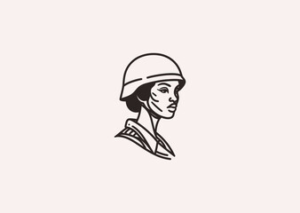 A line art logo of a woman soldier, symbolizing bravery, strength, honor, and discipline