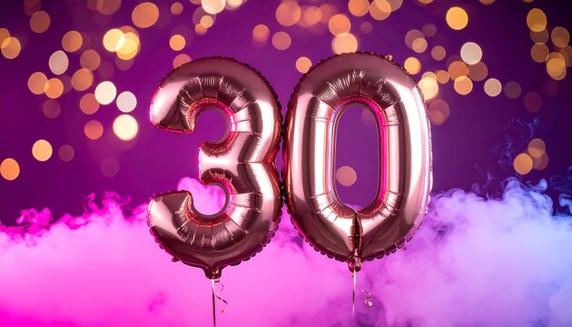 Two shiny metallic balloons shaped as "30" float against a blurred purple and gold bokeh backdrop, with colorful fog