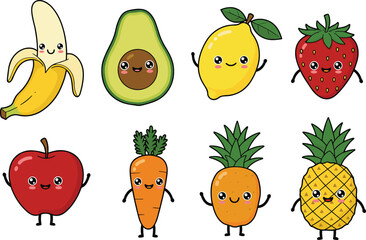 Cute cartoon fruits and vegetables characters, kawaii food illustration, smiling banana, avocado, lemon, strawberry, apple, carrot, pineapple design
