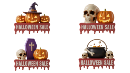Spooky Halloween Sale banners featuring grinning pumpkins, skulls, and cauldrons evoke festive spirit for seasonal promotions and advertising campaigns.