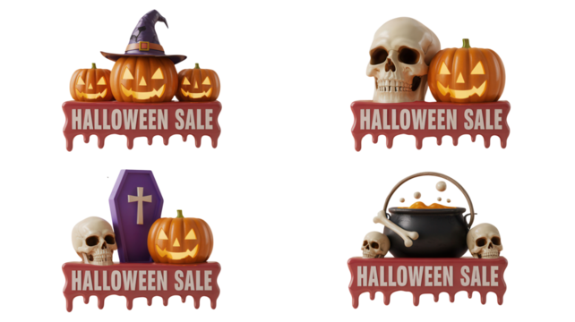 Spooky Halloween Sale banners featuring grinning pumpkins, skulls, and cauldrons evoke festive spirit for seasonal promotions and advertising campaigns.