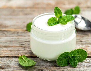 Creamy yogurt in a glass jar, garnished with fresh mint