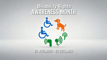 Disability related signs and guide dogs, attention to the rights of disabled groups in disability rights promotion, and promotion scenes for disability rights awareness month from November 3rd 