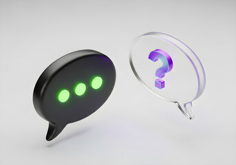 Two 3D speech bubbles, one black with green ellipsis and one clear with a purple question mark, representing communication and inquiry.