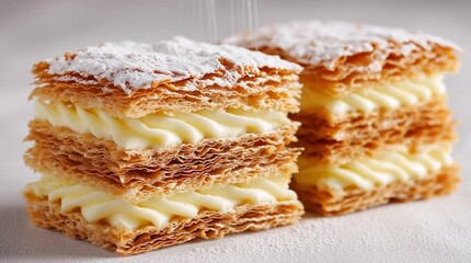 Delicious Mille-Feuille: a close-up of two elegant, layered pastries dusted with powdered sugar, filled with smooth, creamy custard.