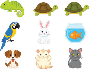 Cute cartoon pets set, dog, cat, rabbit, parrot, turtle, fish, hamster, chameleon, adorable domestic animals for kids
