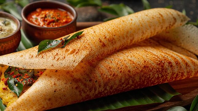 Golden Dosa Delight: Captivating image featuring a pair of crispy dosa with sides, inviting culinary experience, highlighting delicious taste. 