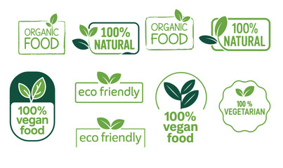 Green icons declare food as organic, natural, vegan, vegetarian, and ecofriendly on white