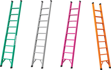 Straight colorful ladders set, construction and tool concept with green, silver, pink, and orange ladders, climbing equipment for repair work