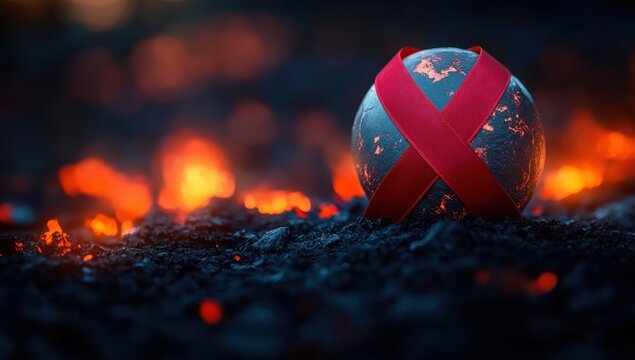 Dark burned earth with glowing embers surrounding a small globe wrapped in a red awareness ribbon symbolizing global health challenge or crisis