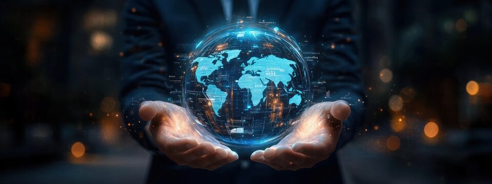 Person holding a glowing digital holographic globe with world map in dark environment, symbolizing technology and global connectivity