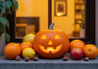 A cheerful jackolantern surrounded by fruits and nuts sits on a windowsill, radiating a warm and inviting glow on halloween grain background texture