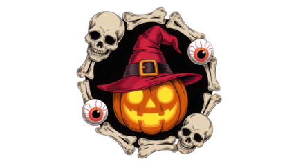 Spooky Halloween pumpkin with witch hat, skulls, bones, and eyeballs creates a chillingly fun festive scene for your holiday projects
