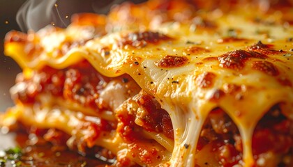 A rich slice of lasagna in extreme close-up showcases gooey melted cheese, pasta layers, and bubbling tomato sauce. A comforting Italian dish with dramatic texture and depth.