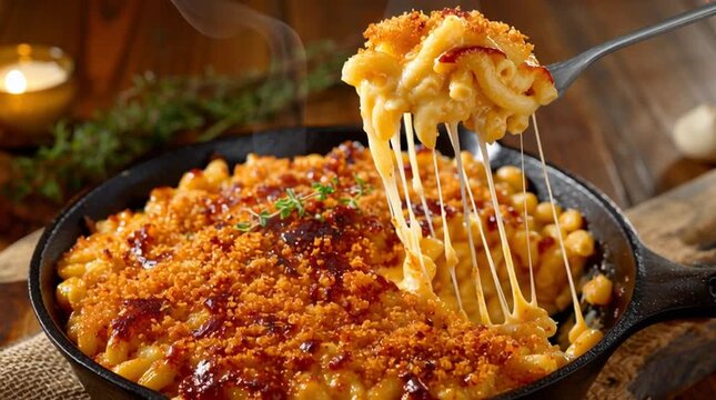 Mac and Cheese: a classic, creamy mac and cheese dish is presented in a rustic, photorealistic style. capturing the warm, delicious, and comforting aspect of a favourite cuisine.