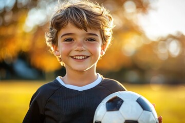 Young boy smiling joyfully while holding a soccer ball outdoors with warm sunlight and blurred autumn background