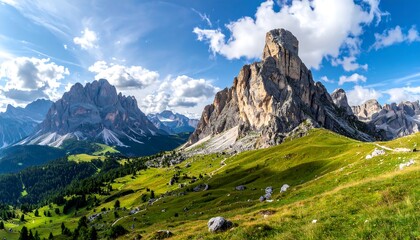 Panoramic view of majestic mountains under a dynamic sky. Rolling green hills in the foreground. Sunlight illuminates peaks