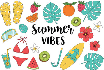 Summer vibes tropical illustration with fruits, flowers, bikini, flip flops, surfboard, drink, leaves, handwritten lettering, beach holiday design vector