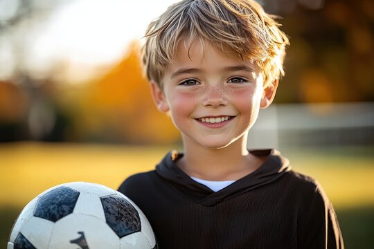 smiling young boy with tousled blond hair holding a classic black and white soccer ball outdoors in warm sunlight