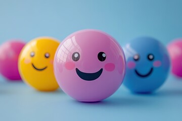 Colorful smiley faces stand in a row against a bright blue background. It represents positivity, happiness, good feelings, and teamwork.