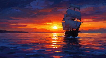 Obraz premium A majestic sailing ship glides across the tranquil ocean waters at sunset, with vibrant colors reflecting on the waves and a serene horizon in the background, evoking a sense of adventure