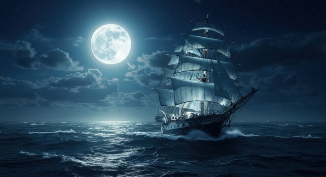 A majestic tall ship sailing through moonlit waters under a starry sky, with shimmering waves reflecting the bright full moon, evoking a sense of adventure and tranquility