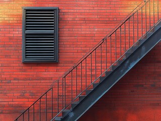 Diagonal metal staircase with railing against a bright orange red brick wall with a rectangular black vent window creating geometric contrast