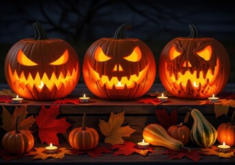Fototapeta premium Three carved jackolanterns and smaller pumpkins are arranged on a wooden surface with fallen leaves and candles