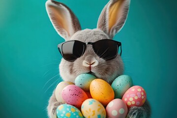 gray rabbit wearing black sunglasses holding colorful speckled Easter eggs against a teal background