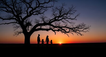 Silhouette of family embracing under the sprawling oak during golden hour landscape photography