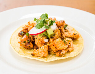 Fototapeta premium Delicious Chicken Taco with Avocado, Radish, and Cilantro on White Plate