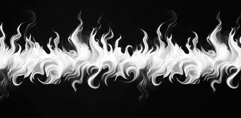 Horizontal row of white stylized flames with swirling patterns on a black background creating a dynamic and intense visual effect