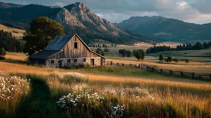 Obraz premium Peaceful countryside barn near wildflower meadow and mountains high resolution image