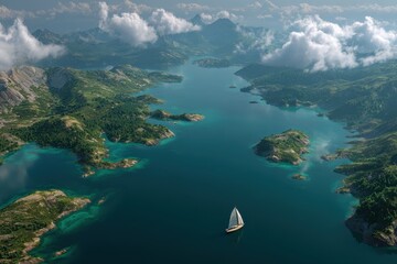 Majestic Aerial - Sailboat on Azure Fjord Winding Through Verdant Mountains Under Cloud-Kissed Sky.