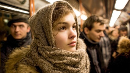 Young woman with scarf and winter coat stands on crowded subway train, thoughtful expression, diverse passengers, urban commute