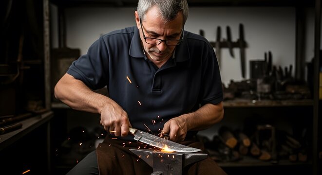 Craftsman sharpening a knife with sparks flying in a workshop. - Powered by Adobe