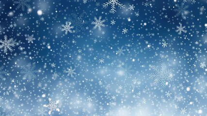 Generative AI. Beautiful winter scene featuring delicate snowflakes gently falling against a serene blue background, creating a magical atmosphere of tranquility and seasonal charm - Powered by Adobe