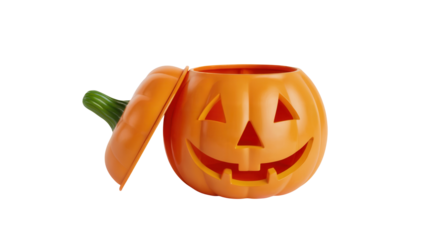 Spooky carved jack-o-lantern with lid ajar, perfect for Halloween decorations, trick-or-treats, and festive party invitations
